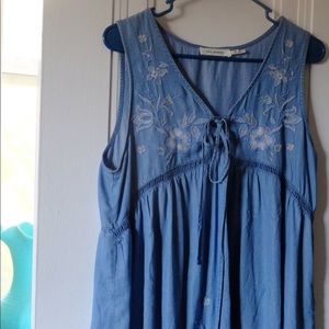 Denim sun dress, embroidered flowers